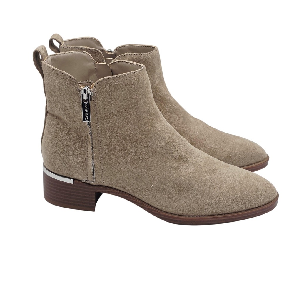 Calvin Klein Deniece Ankle Boots Womens 9.5M Taupe Tan Suede Block Heel Zip Up